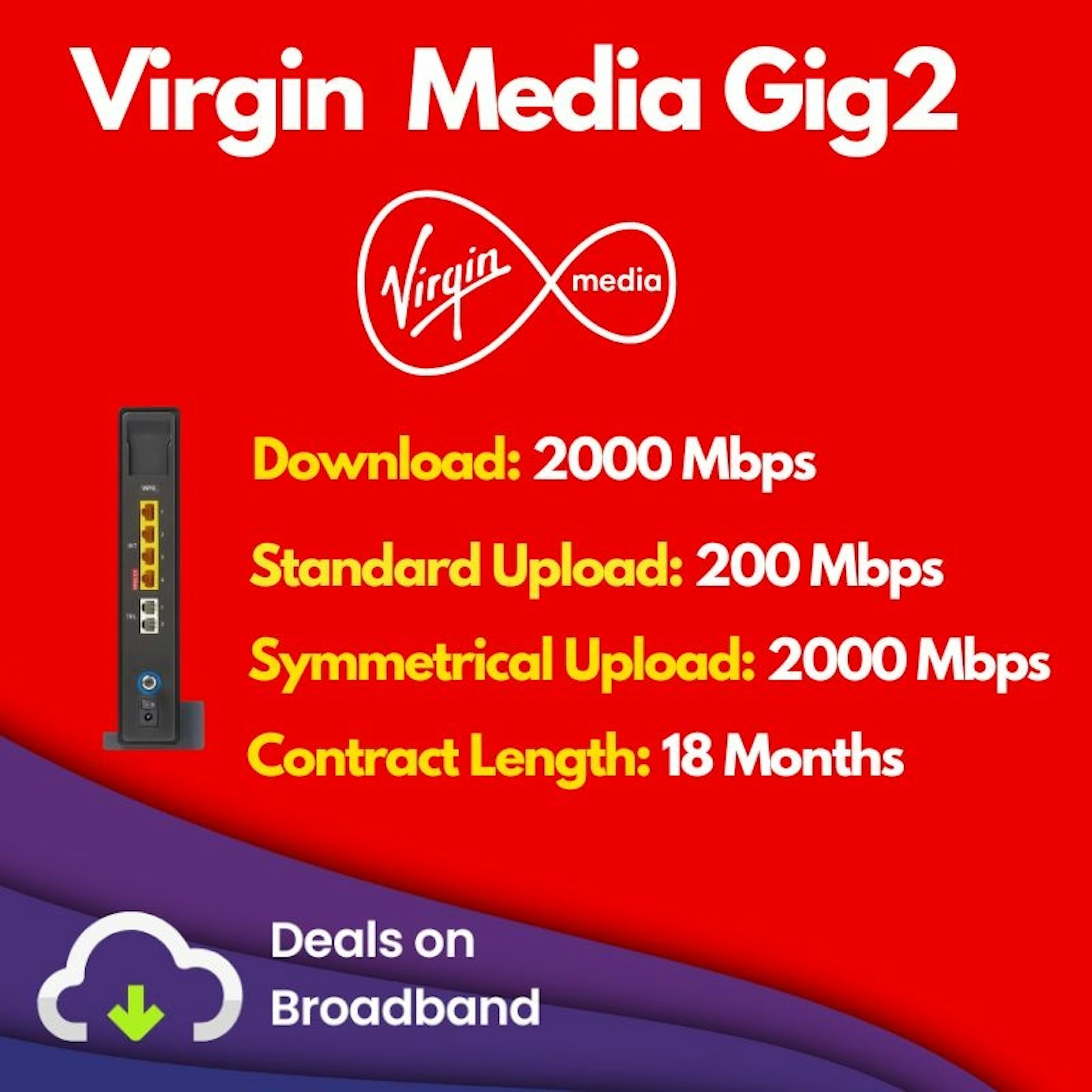 Virgin Media Gig2 speed and contract details showing 2000 Mbps download, 200 Mbps upload, and 18 month contract